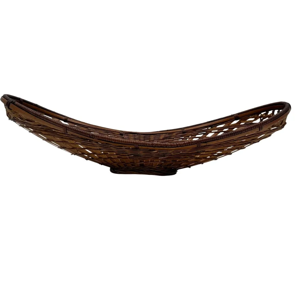 Vintage Bamboo Wicker Boat Basket 17in Brown MCM Fruit Centerpiece Bowl